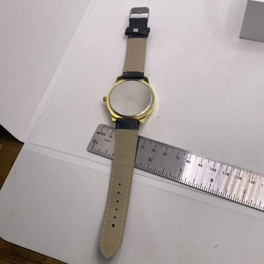 Geneva Gold Tone Rhinestone Black Leather Watch New Battery